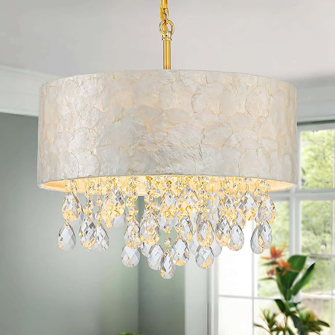 Medium Size 4-Light Drum Capiz Shell Crystal Chandeliers, Coastal Style Pendant Light Fixture for Dining Room, Living Room, D16 x 20~67"(Adjustable), Shell Lampshade & Gold Finish