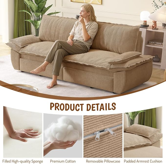 KEIKI 73.2" Luxury Queen Sleeper Sofa Bed, 3-in-1 Convertible Pull Out Couch with Chaise Lounge, Plush Corduroy Cloud Loveseat Sofa for Deep Relaxation Living Room Bedroom Comfort Seating