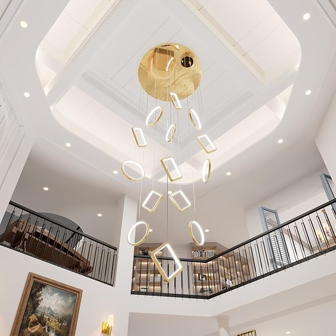 22" Dia x 138" H Modern 15-Light LED Spiral Chandelier, Acrylic Pendant Lighting Fixture for High Ceilings, Staircase, Foyer, Living Room, Warm Light, Adjustable Height, Gold Finish