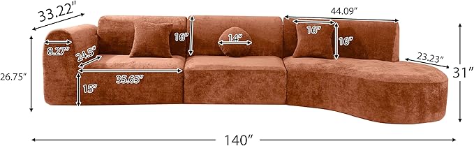 Merax 140" Curved Polyester Sectional Sofa Set, 7 Seat Modern Cloud Couch with Chaise Lounge,3 Pillows, Fully Assembled for Living Room, Orange