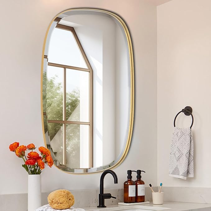 POZINO Brushed Gold Beveled Mirror, 24"x40" Modern Rectangle Mirrors with Stainless Steel Frame, Brass Oblong Vanity Wall Mirror for Bathroom Living Room Entryway, Hangs Vertically or Horizontally