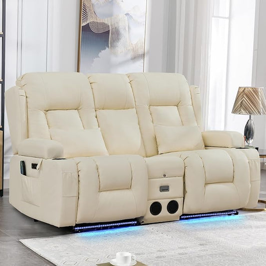 IPKIG Power Recliner Sofa with Flip-Up Backrest Console, USB & USB-C Ports, AC Outlet, LED Lights, Wall Hugger Recliners for Living Room, RV (Off Withe, 67" - 3 Seat) | Faux Leather, Zero Gravity, Dual Reclining, 2 Lumabr Pillow, Bluetooth Speakers