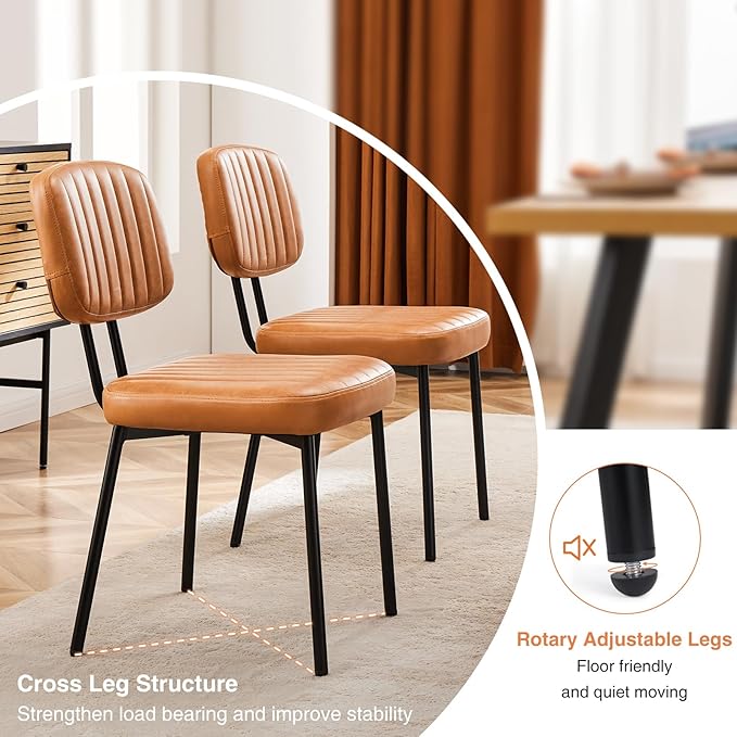 Sweetcrispy Dining Chairs Set of 4, Upholstered Mid Century Modern Kitchen Accent Chairs with Faux Leather Cushion Seat & Metal Legs for Home Office, Living Room - Brown