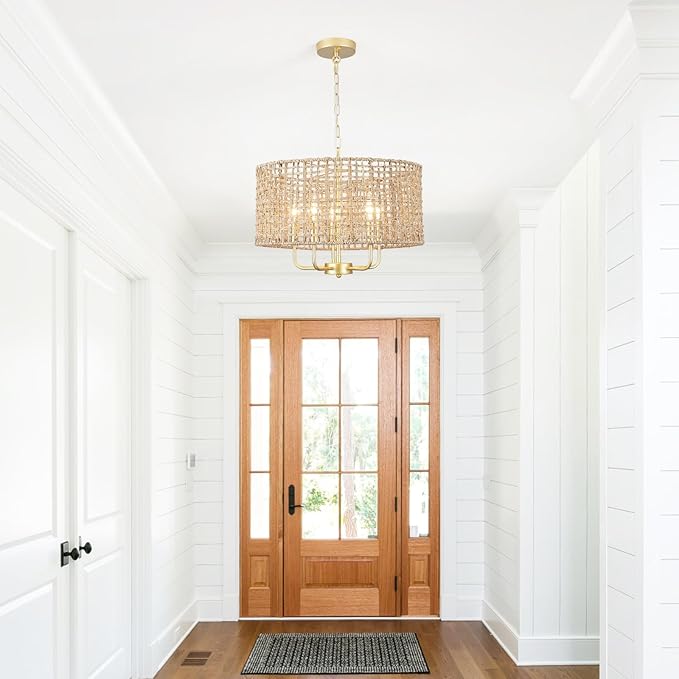 5-Light Gold Rattan Chandelier Large Hand Woven Farmhouse Chandelier with Wicker Shade Rustic Boho Pendant Light Fixtures Drum Chandeliers for Dining Room Kitchen Living Room Foyer Entryway Hallway