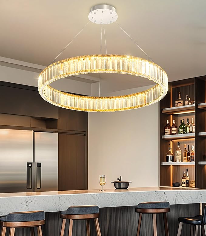 24'' Modern Ring Chandelier Crystal Chandeliers for Dining Room Round LED Dimmable Ceiling Light Fixture for Living Room Bedroom Lighting Silver