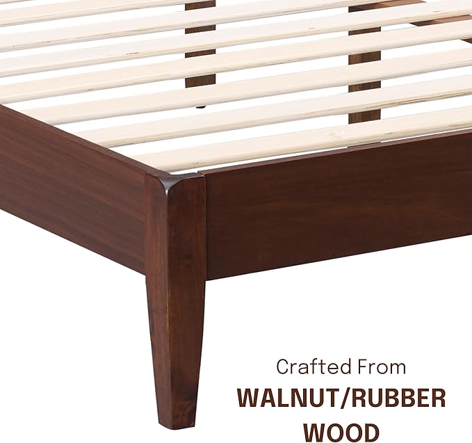 NTC Adept Wooden Bed Frame with Headboard, Crafted from Walnut, Rubber Wood with Silent Slats and Wood Central Supports, 1000 Lb Capacity, Effortless Assembly, King - Dark Walnut