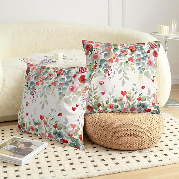 Valentines Day Floral Throw Pillow Covers 20x20 Inch Set of 2 Red Pink Roses Hearts Pillowcases Valentines Eucalyptus Leaves Decorative Cushion Covers for Home Sofa Bed