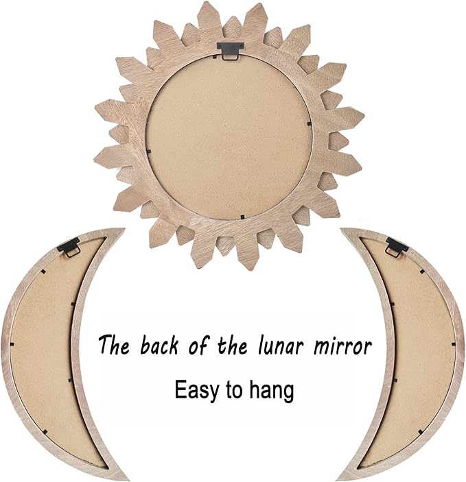 5 Pieces Moon Phase Mirror Wall-Mounted Wall Decor Mirrors Natural Wooden Sunburst Bohemian Wall Art for Home Living Room Bedroom Decoration (Natural)
