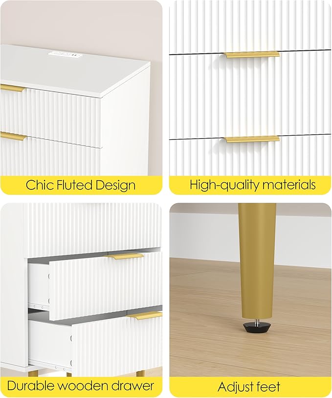 3 Drawer Nightstand with Charging Station, 23.2" W Large Fluted Night Stand, Modern Bedside Table with USB Ports and Outlets, for Bedroom, White and Gold