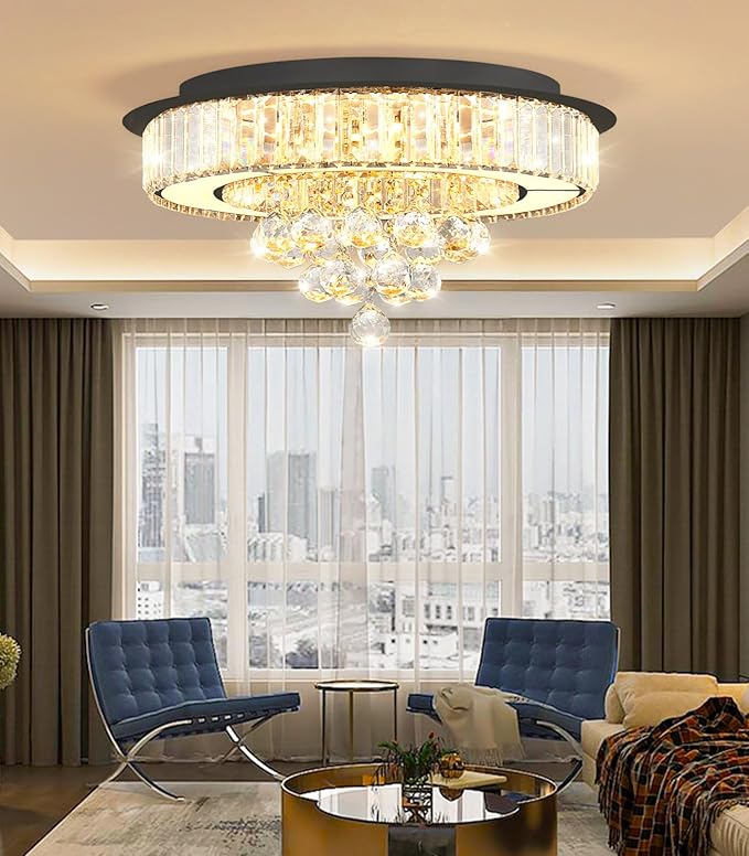 19.6'' Black Modern Crystal Chandeliers for Dining Room LED Dimmable Light Fixtures Flush Mount Light Living Room Bedrooms