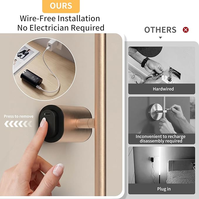 ONEWISH Battery Operated Wall Sconces Set of 2, 27.75" Rechargeable Wall Lights with Remote & Removable Battery, 3-Color Dimmable Wireless Sconces for TV Wall Decor, Picture Light, Bedroom, Gold