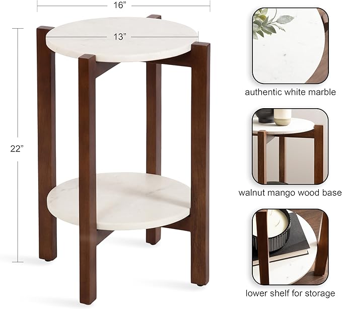 Kate and Laurel Moxley Transitional Round Side Table; 16 x 16 x 22; White Marble and Walnut Brown; Tiered Pedestal Table with Authentic Marble Tabletops for Bedroom Nightstand or Indoor Plant Stand