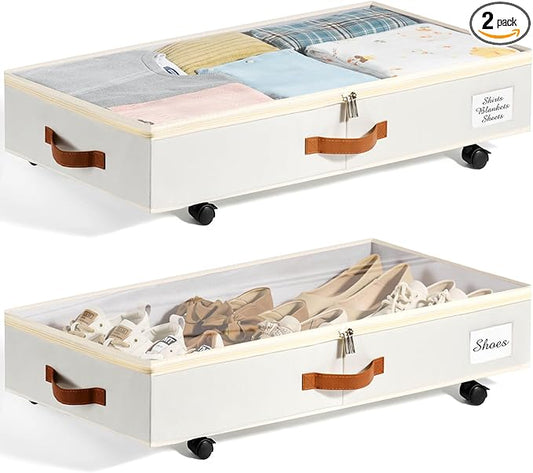 Under Bed Storage with Wheels Set of 2, Underbed Storage Container with Clear Lid Cover, 6.7 Inches Height Rolling Under Bed Drawer Storage Basket Bin Shoe Organizer for Cloth Sheet Sweater