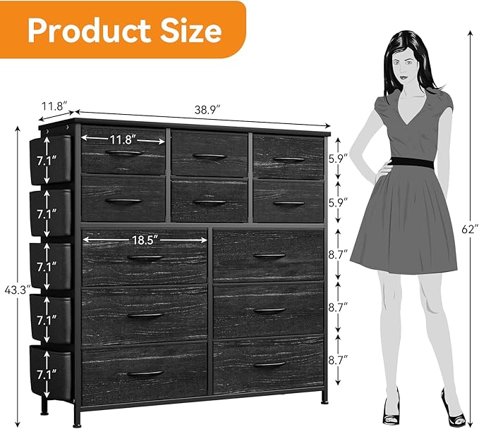 GarveeHome Black 12 Drawer Dresser for Bedroom, Fabric Dressers & Chests of Drawers with Side Pockets, Chest of Drawers for Closet, Living Room, Closet, Hallway