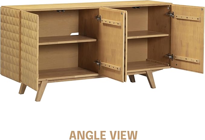NTC Sapa Mid-Century Modern Solid Wood Sideboard – 4-Door Accent Buffet Cabinet with Carved Geometric Fronts, for Living Room, or Entryway, Effortless Assembly, Sand