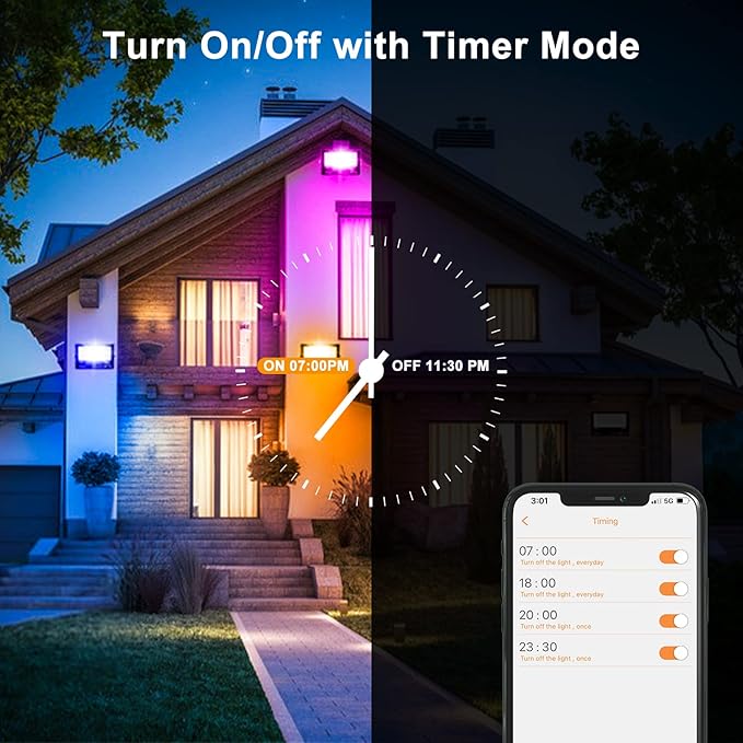 LED RGB Flood Light Outdoor 500W Equivalent, Smart Color Change & Daylight 5700K Landscape Lighting, IP66 Waterproof Patio Lights via App Control, Indoor Ambient Lighting, Uplighting for Yard Pathway