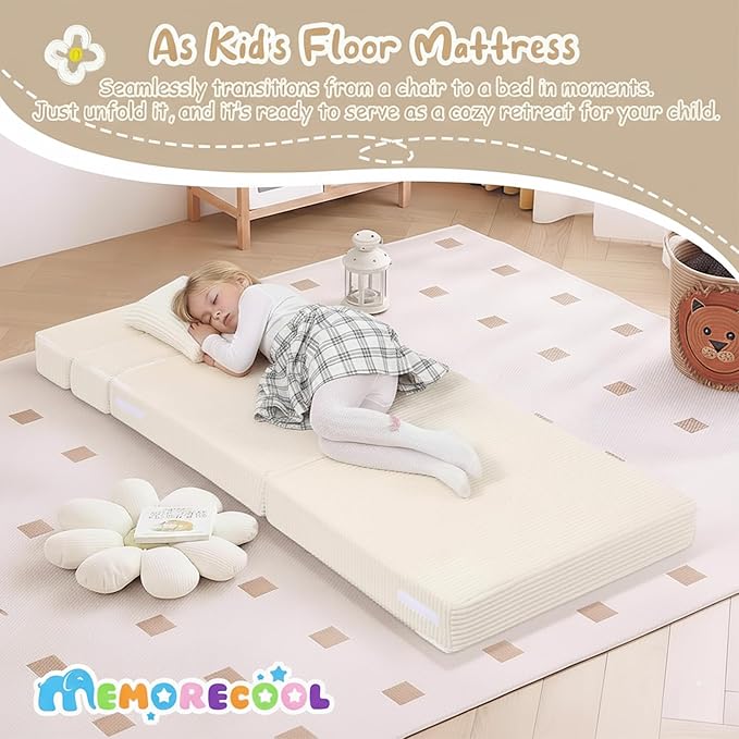 MeMoreCool Folding Sofa for Kids, Corduroy Fold Out Futon Chair, Small Foldable Floor Mattress, Portable Children Couch Sofa, Beige
