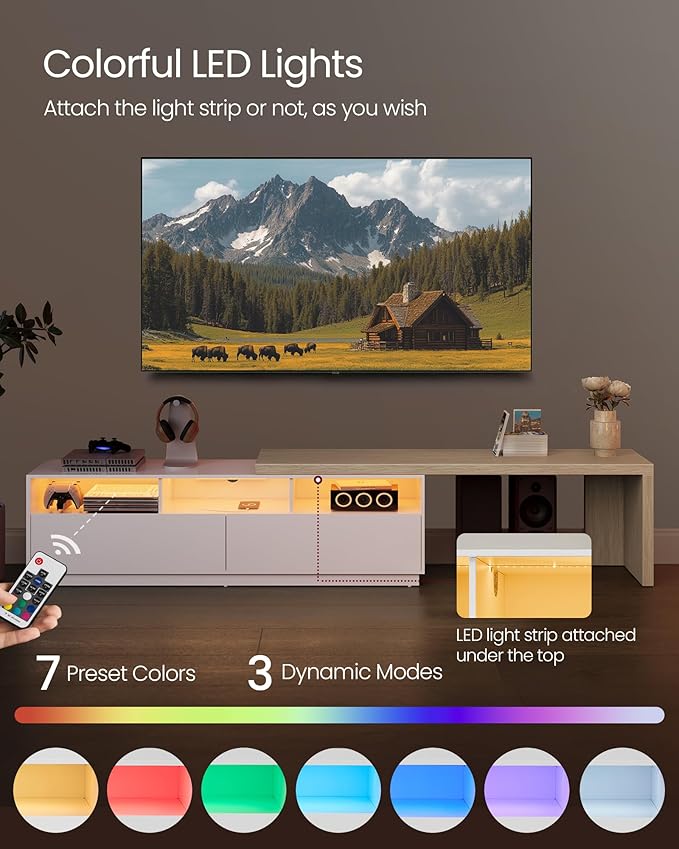 VASAGLE TV Stand with Power Outlet, Adjustable Length 63.8-106 Inches, Modular L-Shaped TV Console Table, LED Light, Fits Large Screen TV, for Living Room, Cloud White and Natural Beige ULTV126W01