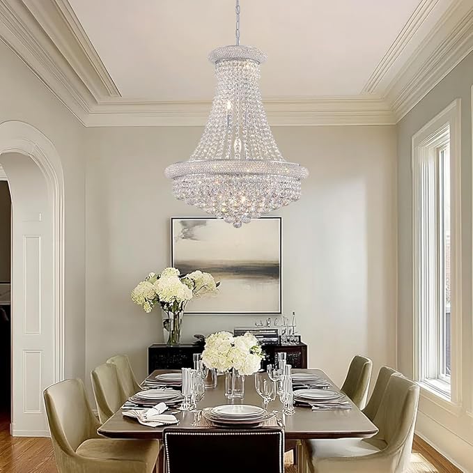 Modern Crystal Chandeliers Foryer Chandelier for High Ceilings, 11-Lights Silver Empire Crystal Chandeliers for Living Dining Room Entryway Hallway(D23.6)