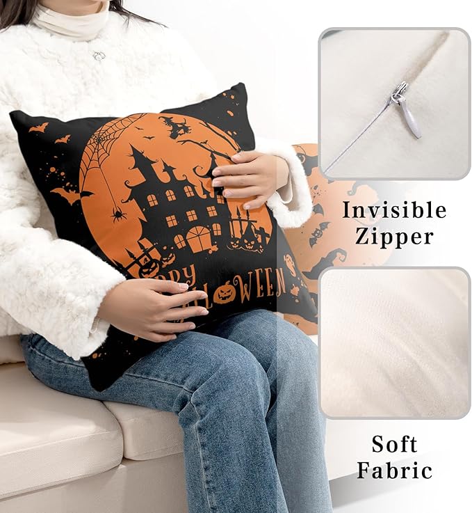 2 Pack Happy Halloween Pillow Covers 22x22 Castle Witch Halloween Decoration Fall Pillow Covers Halloween Indoor Decor Black and Yellow Pillow Case Cotton Blend for Sofa