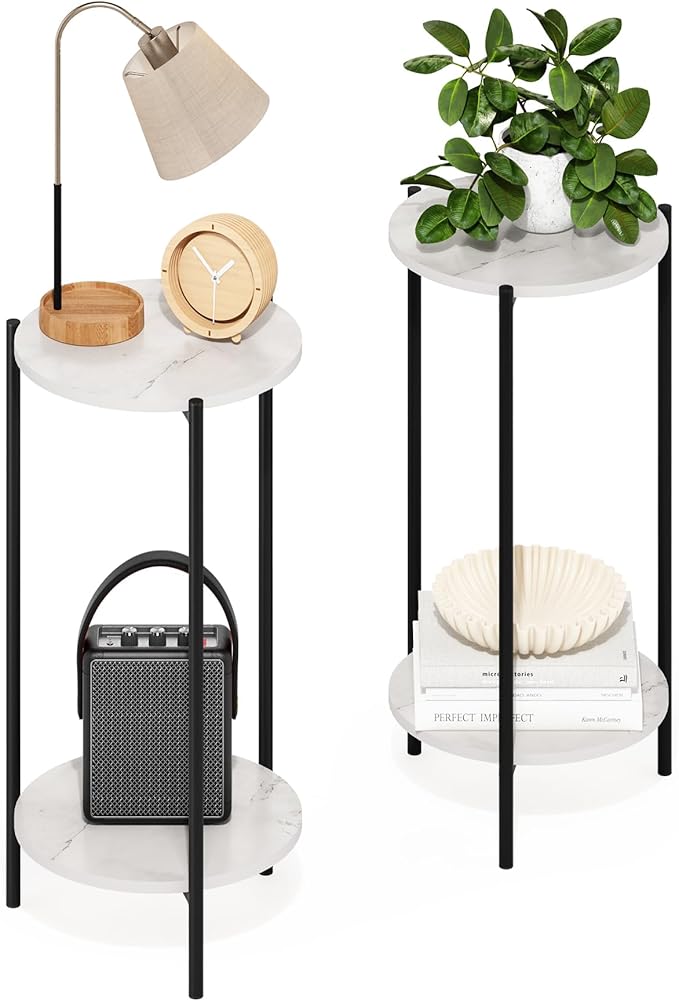Furinno BESI Side Table Set of 2, 2-Tier Small Round End Table with Metal Legs, Metal Frame Night Stand, Bedside Table with USB and Type-C Charging Port, for Living Room, Bedroom, Marble White