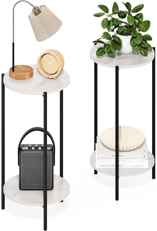 Furinno BESI Side Table Set of 2, 2-Tier Small Round End Table with Metal Legs, Metal Frame Night Stand, Bedside Table with USB and Type-C Charging Port, for Living Room, Bedroom, Marble White