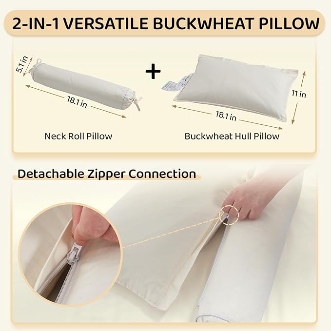 Buckwheat Pillow - 3 Point Support Buckwheat Hull Pillow for Less Pain, 2IN1 Tartary Buckwheat Neck Roll Pillow for Best Support, Adjustable Cervical Neck Pillow with Organic Cotton Pillowcase