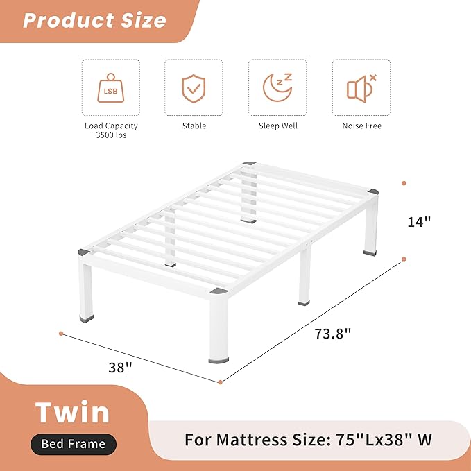 14 Inch White Twin Heavy Duty 3500 lbs Bed Frame with Round-Corner Legs & Anti-Squeak Design – Quick Assembly Metal Platform, No Box Spring Needed