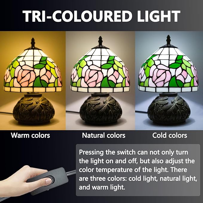 Small Tiffany Table Lamp,Stained Glass Lamp,8 Inch Mushroom Style Mini Vintage Desk Lights for Bedside, Bedroom,Nightstand,Living Room,3 Color Temperature (Pink Rose)