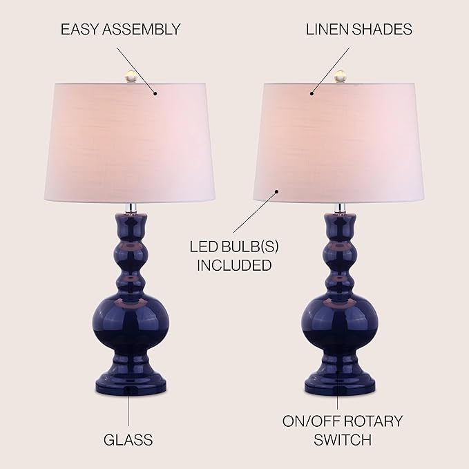 JONATHAN Y 28.5" Navy Glass Table Lamp Set of 2 for Living Room Bedroom Decor, Modern Bedside Lamps with White Linen Shade, LED Bulbs Included (JYL1061E-SET2)