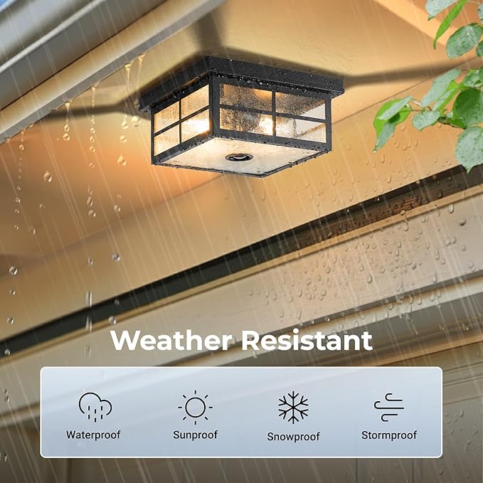VIANIS Motion Sensor Outdoor Ceiling Light with Remote Control, 2-Light Black Modern Outdoor Flush Mount Light for Garage, Porch, Entryway, Square, Upgraded 5 Lighting Modes Adjustable Distance Time