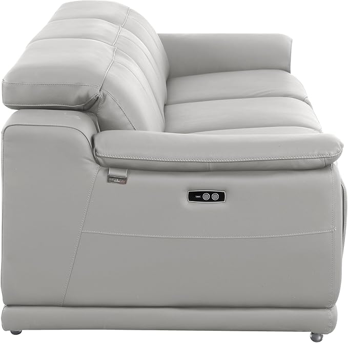 BlackJack Furniture Venice Top Grain Italian Leather Dual Power Recliner Sofa - 107" Theater Seating Modern Couch for Living Room Apartment Home with Adjustable Headrests & USB Port, Light Grey