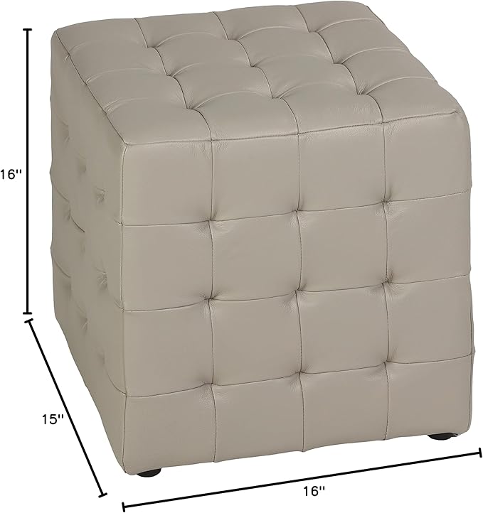 Cortesi Home Charli Tufted Cube Ottoman in 100% Genuine Leather, Light Grey
