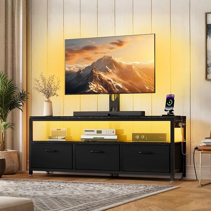 JUSTOGO TV Stand with Mount and Power Outlet, TV Stand Mount with Storage for Living Room, Entertainment Center with LED Lights for 45/55/60/65 inch, Height Adjustable Media Console, Black