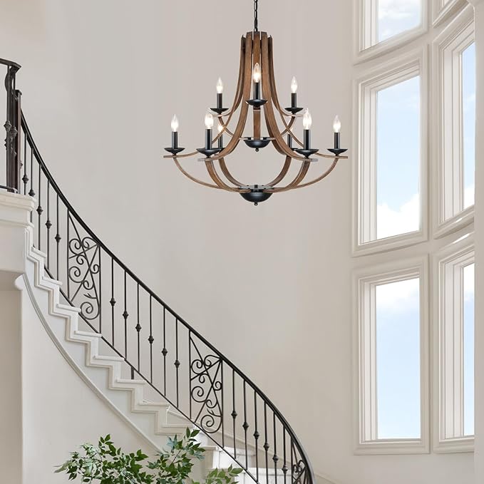 Farmhouse Chandeliers for Dining Room Light Fixture,2 Tier 9-Light 31" Adjustable Height Retro Faux Wood Texture Rustic Light Fixtures for Living Room Bedroom Foyer Entryway