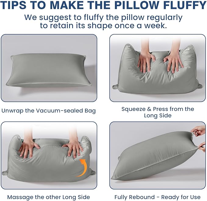 Goose Down Pillows Queen Size Set of 4, Hotel Quality Bed Pillow for Sleeping 4 Pack, 900 Fill Power Natural White Goose Feather Pillows with 700 TC 100% Organic Cotton Shell, 18"x30" Dark Grey