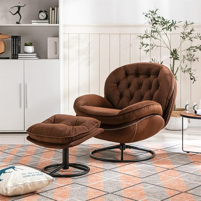 Velvet Swivel Accent Chair with Ottoman Set, Modern Lounge Chair with Metal Base Frame & Footrest, Comfortable Single Leisure Sofa Chair Reading Chair with 360 Degree Swiveling for Living Room, Brown