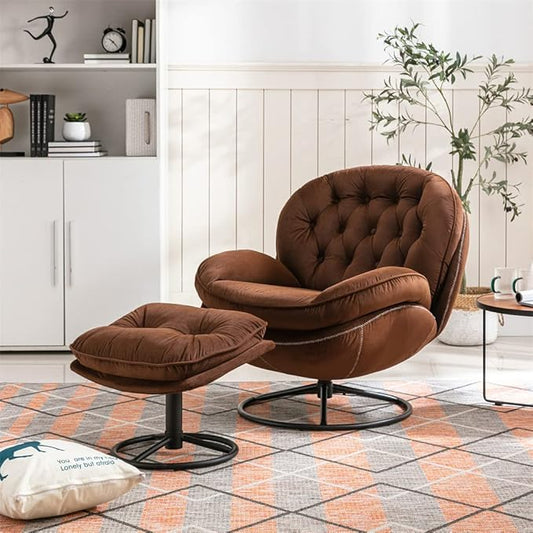 Velvet Swivel Accent Chair with Ottoman Set, Modern Lounge Chair with Metal Base Frame & Footrest, Comfortable Single Leisure Sofa Chair Reading Chair with 360 Degree Swiveling for Living Room, Brown