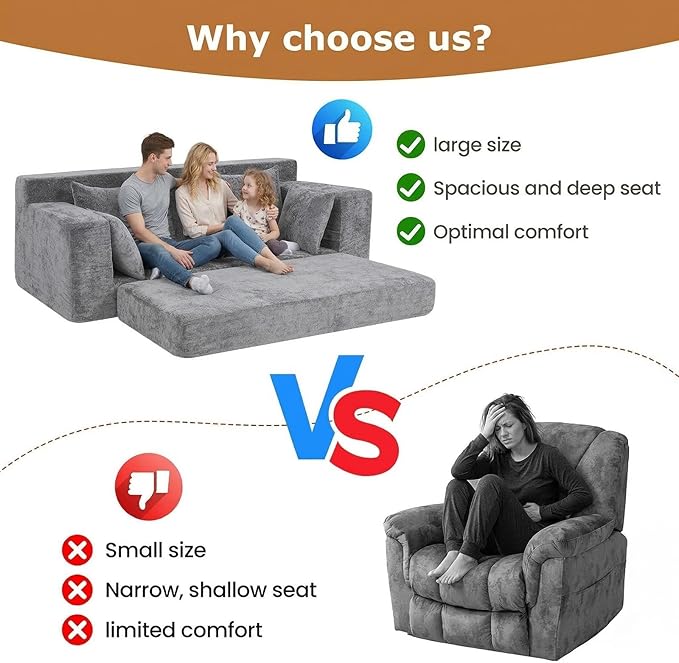 Convertible Sofa Bed, 5 in 1 Small Boneless Couch Pull Out Loveseat Sleeper Sofa,Corduroy Futon Couch Folding Mattress with 4 Pillows for Living Room Bedroom Lounge (Light Gray, 3 Seater)