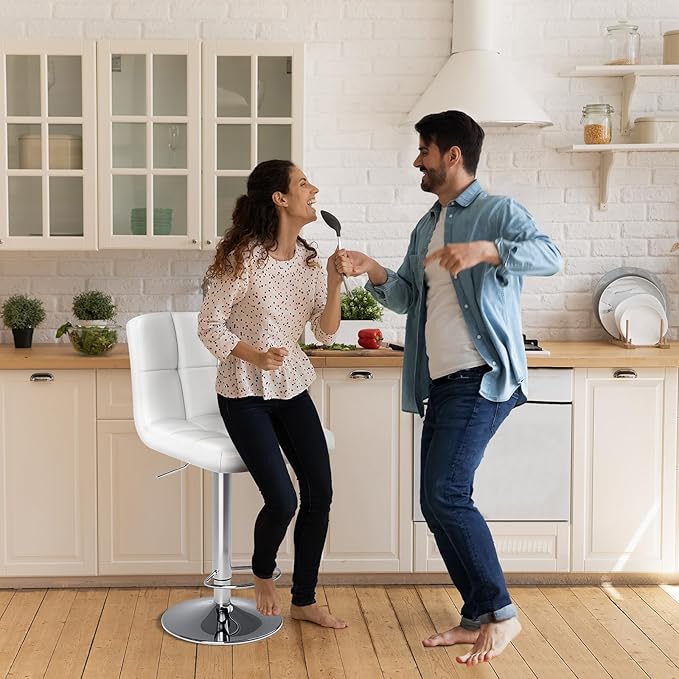 DUMOS Bar Stools Set of 2, 24 inch Counter Height Bar Stools, Upholstered Modern Kitchen Barstools with Metal Base, PU Leather Saddle Stools for Kitchen Island, Snowy White