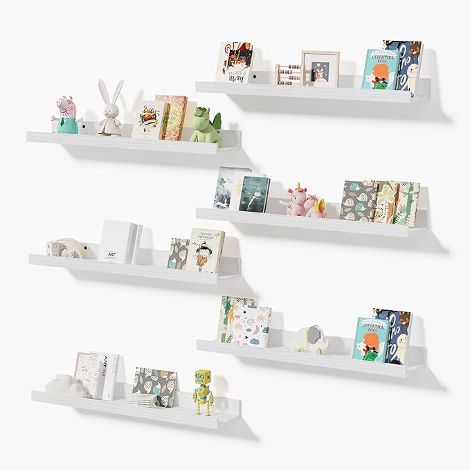 Wall Shelves for Living Room, Nursery Book Shelves White Bathroom Shelves Over Toilet Floating Shelves for Wall, Modern Wood Storage for Bedroom, Kid's Room, Kitchen, 24inch, Set of 6