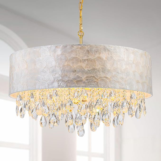 8-Light Drum Capiz Shell Crystal Chandeliers, Coastal Style Pendant Light Fixture for Dining Room, Living Room, D24 x H23~71 inch(Adjustable), Shell Lampshade & Gold Finish
