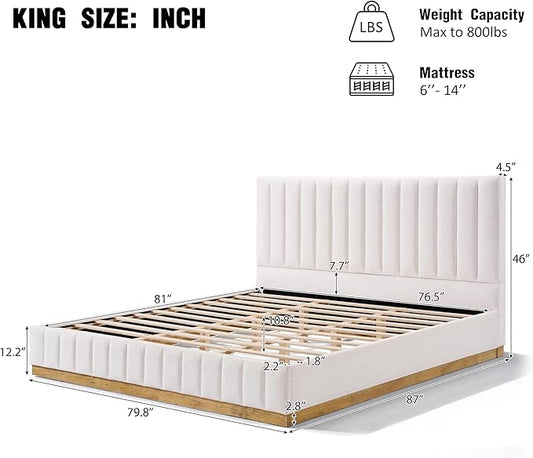 Merax King Bed Frame Upholstered Platform Bed with Linen Headboard, Wing Edge Design/Non-Slip and Noise-Free/Wooden Slats Support/No Box Spring Needed/Easy Assembly,King