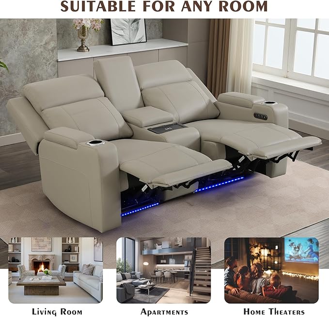 Dual Motor Power Reclining Loveseat with Wireless Charge, Power Loveseat Recliner Sofa with Adjustable Headrest/LED Light/Armrest Storage, Wall Hugger Couches for Living Room (Grey, 2 Seater)