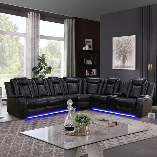 Leather Power Recliner Sectional Sofa with LED Light,L Shaped Leather Couch Set with 2 Recliner Seats，Modular Corner Sofa with Storage Console/Coffee Table for Living Room(Black, Sectional)