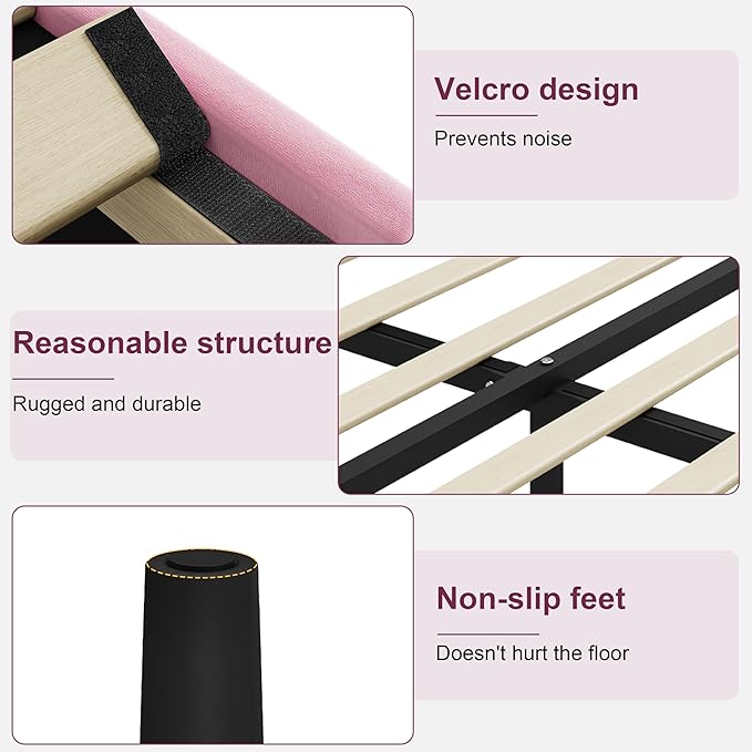 Full Size Bed Frame with Upholstered Headboard, Sturdy Wood Slats, No Box Spring Required, Silent, Easy Assembly,Pink