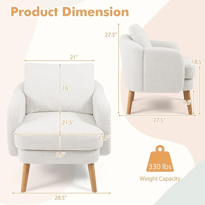 Giantex Sherpa Accent Chair Set of 2, Modern Upholstered Single Sofa Chair with Back Pillow & Solid Rubber Wood Legs, Teddy Barrel Arm Chair for Reading, Living Room, Bedroom, Office, White