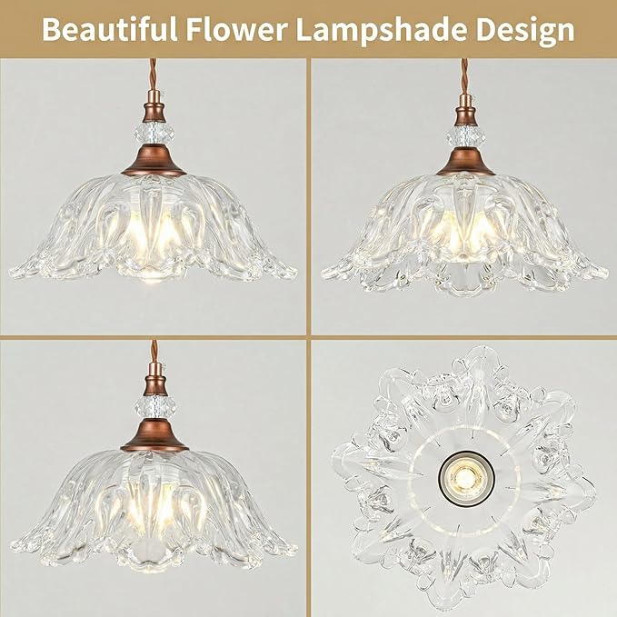 1 Piece Vintage Chandelier Light Fixtures with Crystal Glass Shade, Antique Red Bronze Finish Pendant Light for Kitchen Island, Hanging Light Fixture for Dining Room, Hallway, Living Room, Bedroom