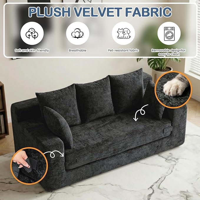 Boneless Couches 70", 3 Seater Boneless Couch with Pull Out Sofa Bed, Black Boneless Couch with 5 Pillows, Plush Velvet Sofa for Living Room & Bedroom