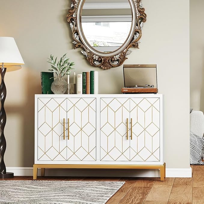 47.8" Accent Storage Cabinet with 4 Doors, Modern Sideboard Buffet Cabinet with Gold Lines, Wood Decorative Credenza with Storage for Living Room, Kitchen, Dining Room, Entryway, White